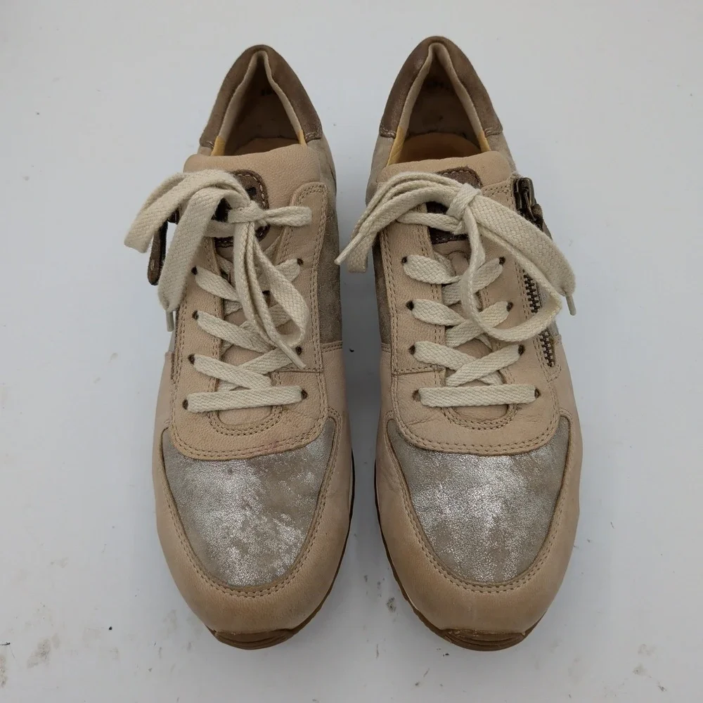 Paul Green Hendrix Women Tan Leather Metallic Silver Side Zip Sneakers 7.5 UK 5